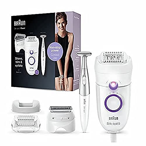 Braun Silk-épil 5-825 Power, elektrischer Epilierer für Damen, sanfte Haarentfernung, ununterbrochene Energie mit Kabel, Raserkopf und Trimmkappe, Bik