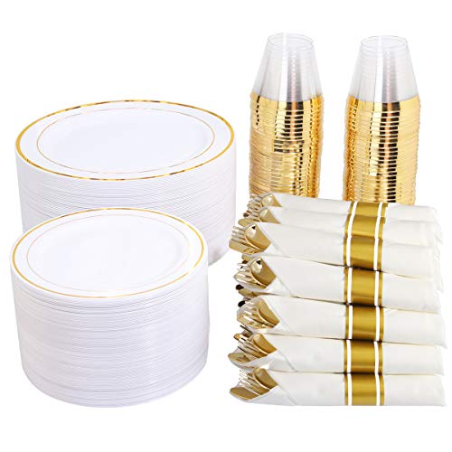 350 Pieces Gold Plastic Plates with Disposable Silverware and Cups, Include: 50 Dinner Plates 10.25", 50 Dessert Plates 7.5", 50 Gold Rim Cups 9 OZ, 50 Per Rolled Napkins with Gold Cutlery