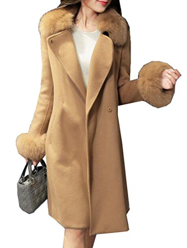 XQS Women's Vogue Faux Fur Trim Collar Slim Fit Belted Pea Coat Khaki M