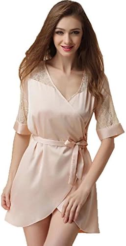KM Female Summer V-neck Short-sleeved Emulation Silk Bathrobe (L, Champagne)