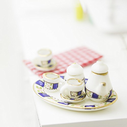Ultra Tiny Dainty Blue Stripe Painted Ceramic Tea Set for Dollhouse Displays, Crafting, and Creating