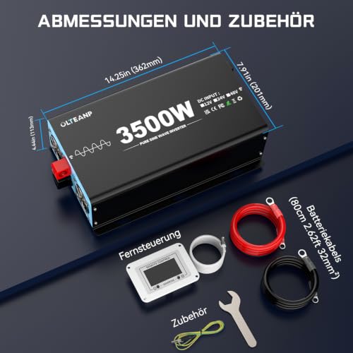 OLTEANP 3500W 7000W Inverter 12v to 230v Pure Sine Wave Voltage Converter Car Inverter with LCD Screen and Remote Control 2 AC Sockets USB Port and Type C for Camper Caravan Truck