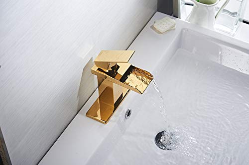 Bathfinesse Bathroom Sink Faucet Waterfall Spout Single Handle One Hole Lavatory Gold