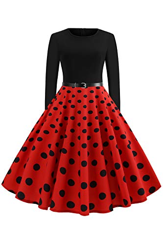 50s 60s Floral Tea Party Dress with Long Sleeve Red,L