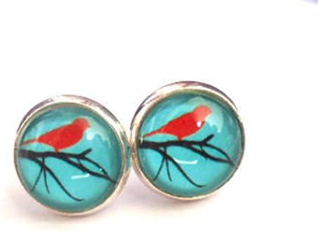 Tiny Birds Studs Earrings,Turquoise Studs Earrings,Vintage Jewellery,Glass Earrings,Glass Round Silver Earrings,Glass Dome,Alloy Products,