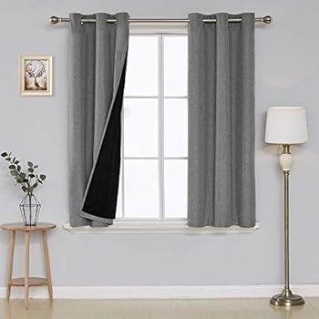 Deconovo Double Layer Faux Linen Drapes with Black Linner Grommet Energy Efficiency Window Drapery Curtains 38x45 Inch Grey 2 Panels