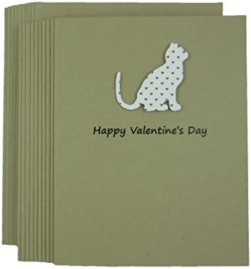 Cat Valentine's Day Greeting Card 10 pack Cat Silhouette with Red Hearts Handmade Kraft Paper