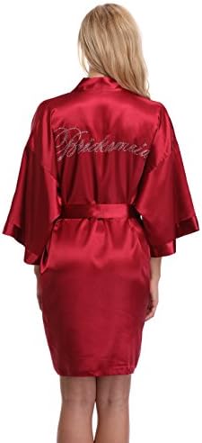 KimonoArt Satin Rhinestone Short Kimono Robe for Bride Bridesmaid Maid of Honor Wedding Party Getting Ready Robes