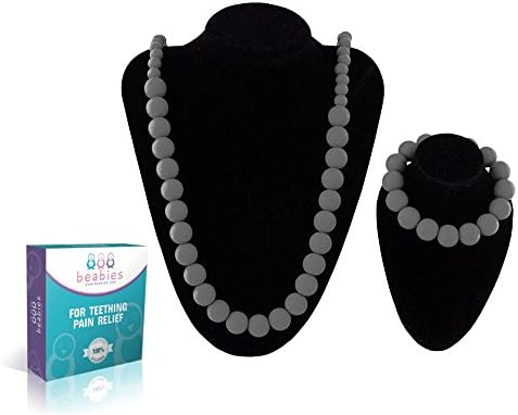Beabies FDA Silicone Nursing Teething Necklace for Mom and Bracelet for Baby, Gray