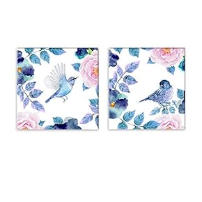 Canvas Wall Art - Spa Stones in Garden with Flow Water | Modern Home Art 2 Panel Canvas Prints Giclee Printing & Ready to Hang - 16"x16" x 2 Panels (12" x 12" x 2 Panels, Birds Flowers and Leaves)