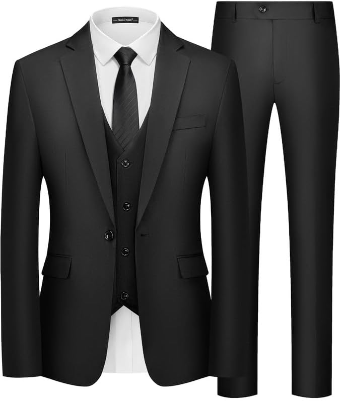 MAGE MALE Men's 3 Piece Suit Slim Fit One Button Business Wedding Formal Blazer Jacket Vest Pants Set