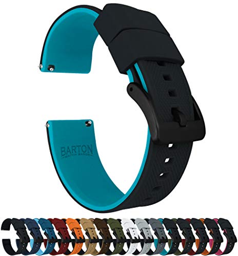Barton Elite Silicone Watch Bands - Black Buckle Quick Release - Choose Strap Color & Width - Black/Aqua Blue 22mm