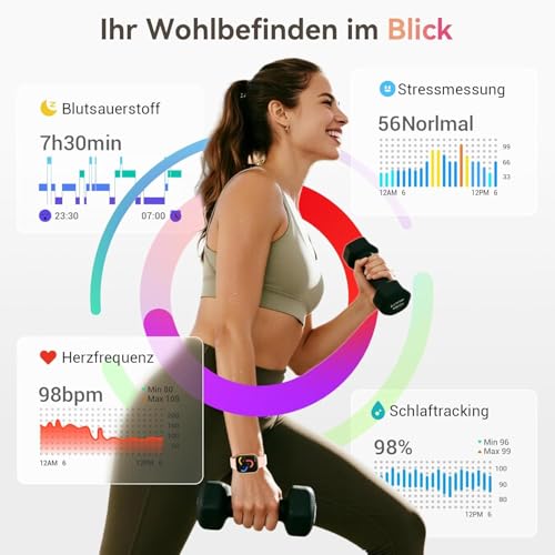 Smartwatch Women Men, 1.85 Inch AMOLED Touch Screen, Fitness Tracker with Bluetooth Calls & AI, Heart Rate, SpO2, Sleep & Women's Cycle Tracking, 100+ Sports Modes, 3ATM Waterproof for iOS & Android