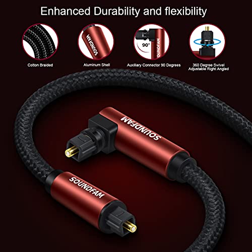 SOUNDFAM 90 Degree Optical Audio Cable [New Wine Red 6.6ft/2m] Digital Fiber Optic Toslink Cable(S/PDIF) for Sound Bar, TV,Home Theater, Xbox,PS4,Playstation