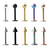 Ruifan 10PCS Assorted Colors Stainless Steel 3mm Ball&Spike Labret Monroe Lip Ring/ Tragus/ Helix Earring Stud Barbell Body Piercing Jewelry 16G 12mm