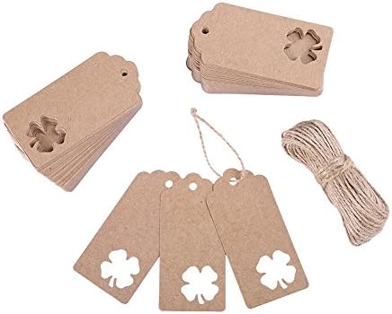 Hollow Four-Leaf Clover Gift Tags,Valar Dohaeris Brown Blank Kraft Paper Vintage Wedding Party Favor Christmas Rectangular Gift Price Tags Hang Labels With 66 Feet Natural Jute Twines(100 Pack)