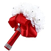 Gotd 1 Bouquet Crystal Roses Pearl Bridesmaid Wedding Bouquet Bridal Artificial Silk Flowers (Red)