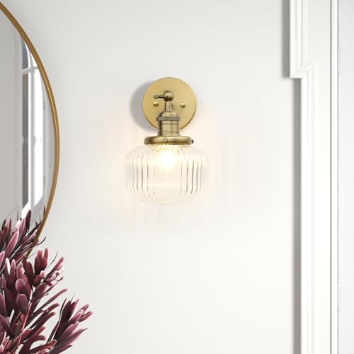 Permo Classic Vintage Wall Lamp Indoor Wall Light Fixture with Clear Globe Ribbed Glass Shade for Bedroom Living Room (Antique)