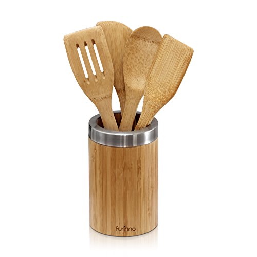 FURINNO 5 Piece Dapur Bamboo Cooking Utensil Set With Holder, Natural