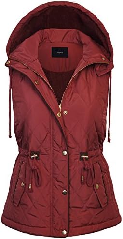 BOHENY Womens Fur Lined Lightweight Zip Up Quilted Vest with Detatachable Hood-M-WINE