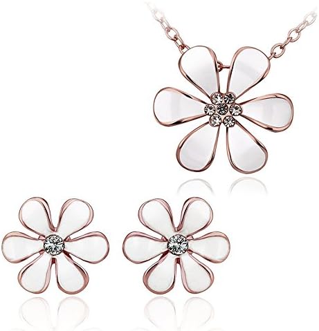 Hitaocity 18k Rose Gold Plated with Austrian Crystal White Enamel Daisy Flower Necklace and Stud Sets