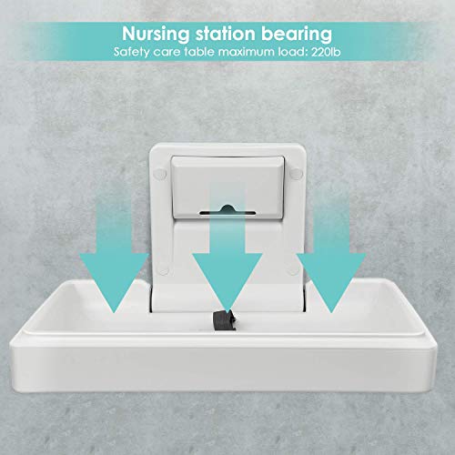 TUSY Wall-Mounted Baby Changing Station Horizontal Fold-Down Diaper Change Table with Safety Straps for Commercial Bathrooms and Home Supports up to 220 Lbs (White Granite)