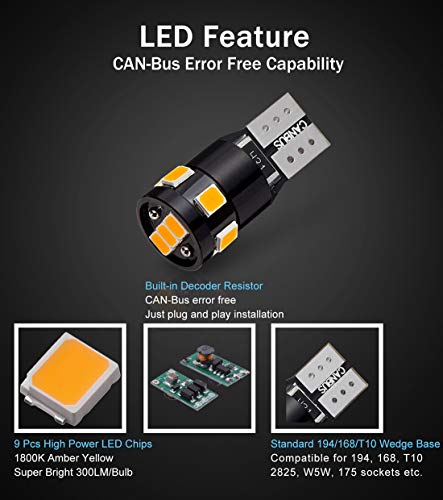 BRISHINE 300LM Extremely Bright Canbus Error Free 194 168 2825 192 W5W T10 LED Bulbs Amber Yellow 9-SMD 2835 LED Chipsets for Side Marker Turn Signal Blinker Map Door Parking Lights (Pack of 4) - Thumbnail 4