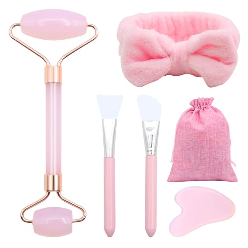 Quartz Rose Rouleau Gua Sha Kits, Jade Roller Visage et Pierre de Guasha, Massage pour Visage Cou Corps Muscles