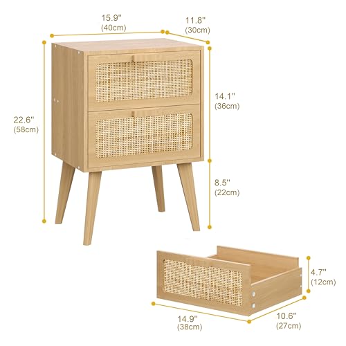 YAUKOMEL DECTG59Y Rattan Bedside Table, Wooden Side Table with 2 Hands, Made Rattan, Decorated Drawers, Boho Bedside Table, Couch with Storage, for Living Room, Bedroom, Natural