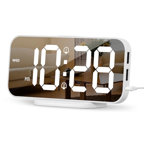 ALANAS Ästhetischer digitaler Wecker, großes Spiegeldisplay mit Dual-USB-Ladeanschlüssen, Dual-Alarmen, Schlummerfunktion, 4-stufiger einstellbarer Di
