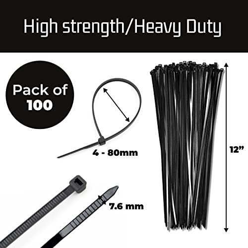 12" Black Zip Cable Ties (100 Pack), 120lbs Tensile Strength Heavy Duty, SelfLocking Premium
