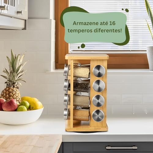 Porta Temperos de Bambu Giratório 16 Potes de Vidro Organizador Condimentos Especiarias Cozinha