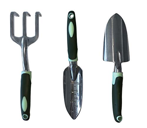 Typhon East Garden Tool Set (3 Piece) | Stainless Steel Gardening Kit | Includes Trowel, Transplant Trowel & Hand Rake | Rubberized Handles | Great Gardener Gift Idea for Women and Men