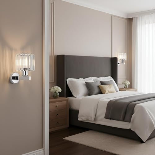 ANWIO Interior Glass Wall Sconce, Silver Bedroom Wall Lamp, E27 Wall Lamp, Modern Hallway Sconces for Bedroom, Bedside, Living Room, Staircase (2U, No Bulbs)
