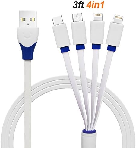 Multi Charger Cable Znines 4 in 1 Universal Multiple USB Charging Cable Cord Adapter with Lightning x2/USB Type C/Micro USB Connector Ports for iPad,iPhoneX/8,iPod,Andriod Devices,Samsung - 3.3FT