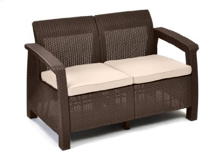 Conjunto de jardim externo keter corfu, 4 lugares e mesa com almofadas incluídas, resina com acabamento de vime plano, marrom