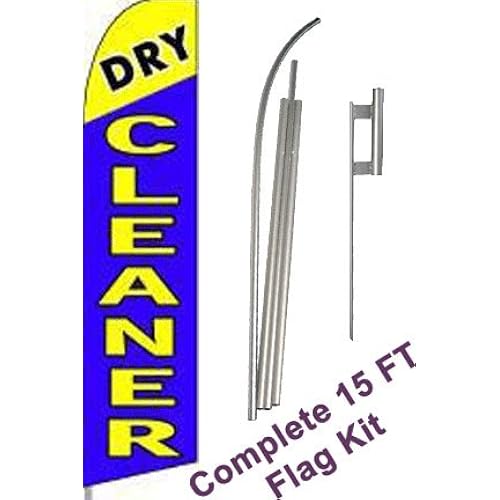 Dry Cleaner Complete Flag Kit Extra Wide NEOPlex Includes 12 Swooper Feather Business Flag With 15-foot Anodized Aluminum Flagpole AND Ground Spike