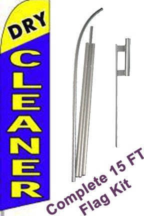 Dry Cleaner Complete Flag Kit Extra Wide NEOPlex Includes 12 Swooper Feather Business Flag With 15-foot Anodized Aluminum Flagpole AND Ground Spike