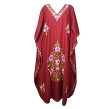 Mogul Interior Womens Caftan Maxi Dress Maroon Embroidered Resort Kaftan One Size