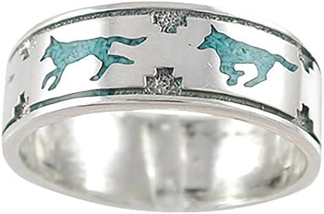 Southwestern Running Wolf Band Ring in Sterling Silver with Stabilized Turquoise for Men or Women (14)