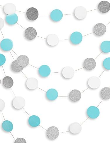 Glittery Paper Hanging Garland (Circles) for Holiday, Birthday, Graduation, Weddings, Baby and Bridal Parties. (blue, silver, white)