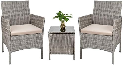 Tuoze 3 Pieces Porch Furniture Set Outdoor Patio Sets PE Rattan Wicker Conversation Set with Beige Cushion and Table Backyard Porch Garden Poolside Balcony (Grey)