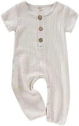 Alrigon Newborn Baby Boys Girls Jumpsuit Onesie One Piece Rompers Cotton Linen Solid Infant Summer Short Sleeve Bodysuit