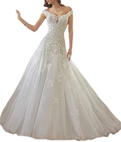 Udresses Off Shoulder Lace Wedding Dresses A-line Beaded Bridal Dress Tulle UWD7 White 6