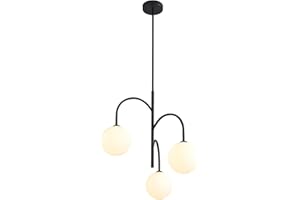 Flyrose Mid Century Modern 3-Light Chandelier Black Globe Pendant Lights Kitchen Island Milk Glass Chandelier Light Fixture Frosted Globe Chandelier Farmhouse Dining Room Sputnik Light Fixture