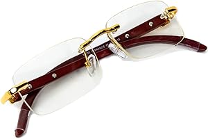 Men's Rimless Wood Vintage Retro Gold Frame Clear Lens Hip Hop Glasses, M