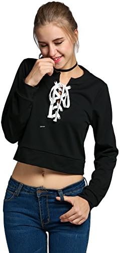 Jeason Women Round neck Lace Up Front Eyelet Detail Bandage Crop Top Sweatshirt
