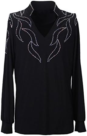 Men Black Long Sleeves Big V Neck Diamond-Mounted Latin Modern Dance Shirt Suits Chacha Rumba Samba