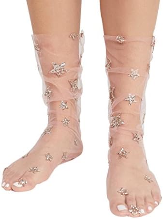 Geyou Women Socks,Glitter Star Mesh Sock Transparent Elastic Sheer Ankle Socks New (Pink)
