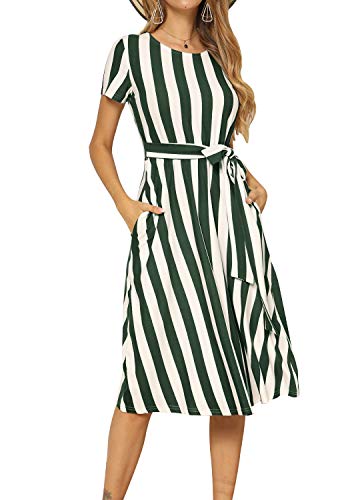 levaca Women Casual Swing Striped Loose Teen Pockets Midi Dress with Belt Green M - Thumbnail 5